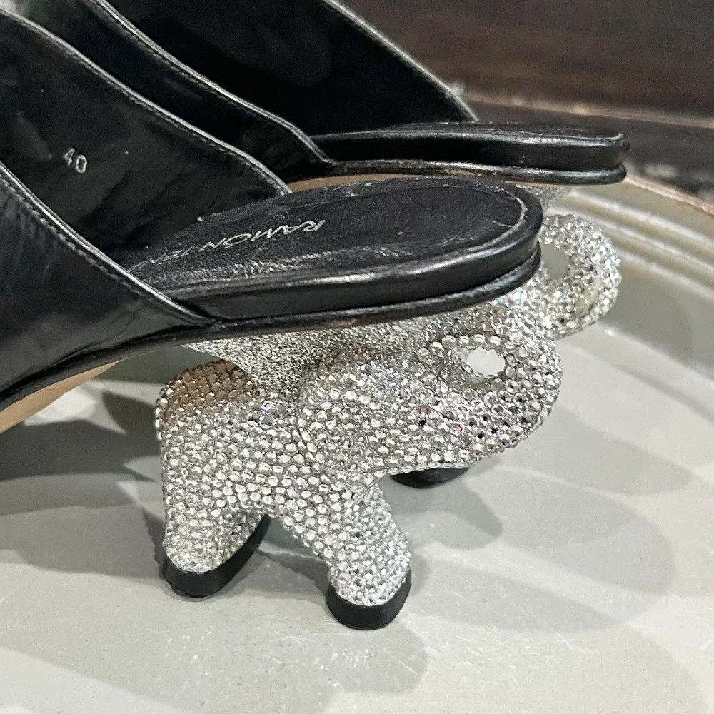 Ramon Tenza Black Heel W/Swarovski Crystal‎ Embellished Elephant Heel SZ 40 RARE